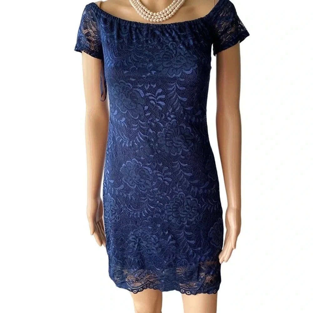 Pinky Blue Floral lace Off Shoulder bodycon Dress Women Size S